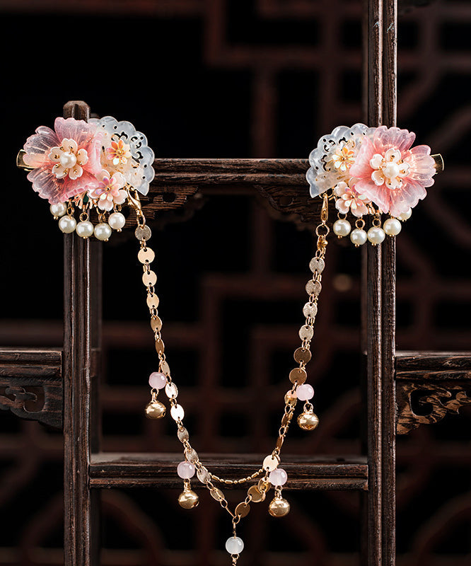 Belle épingle à cheveux en alliage de cuivre rose avec chaîne en résine et perles pivoine pour filles - Urbann-Vibe