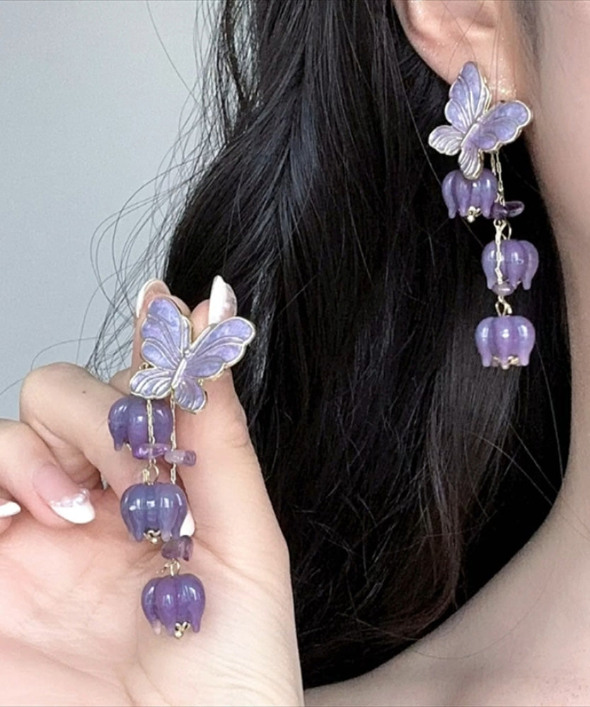 Magnifiques boucles d'oreilles pendantes en alliage violet avec pompon et papillon - Urbann-Vibe