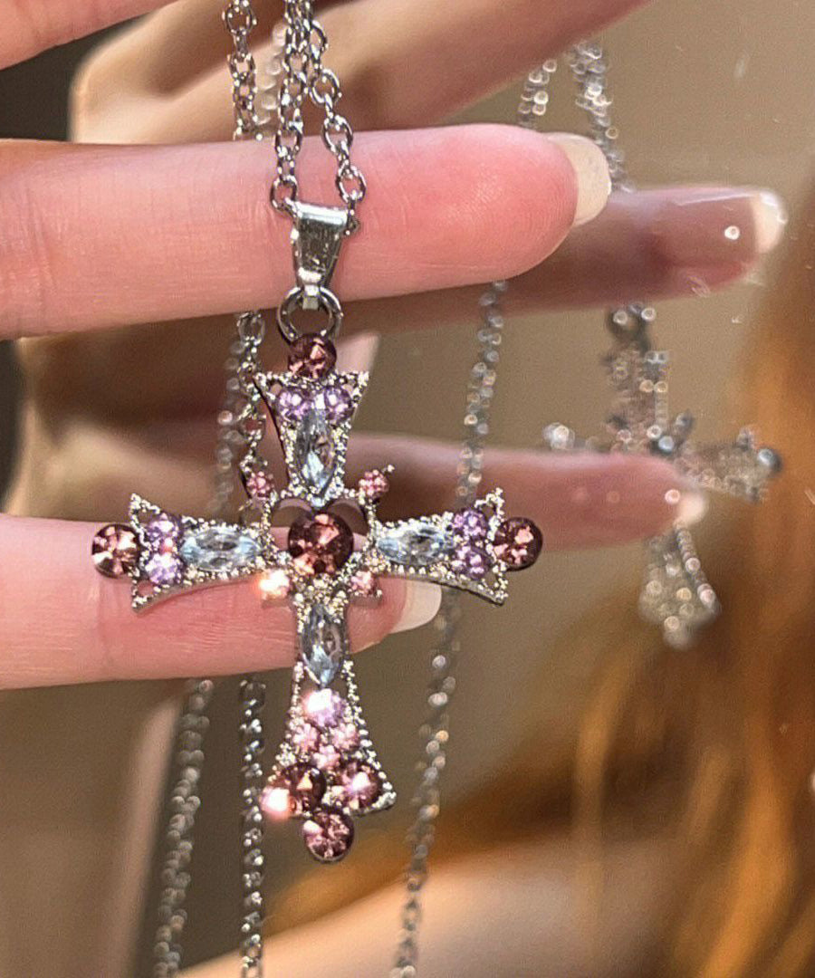 Magnifique collier lariat en alliage de zircon violet avec croix - Urbann-Vibe