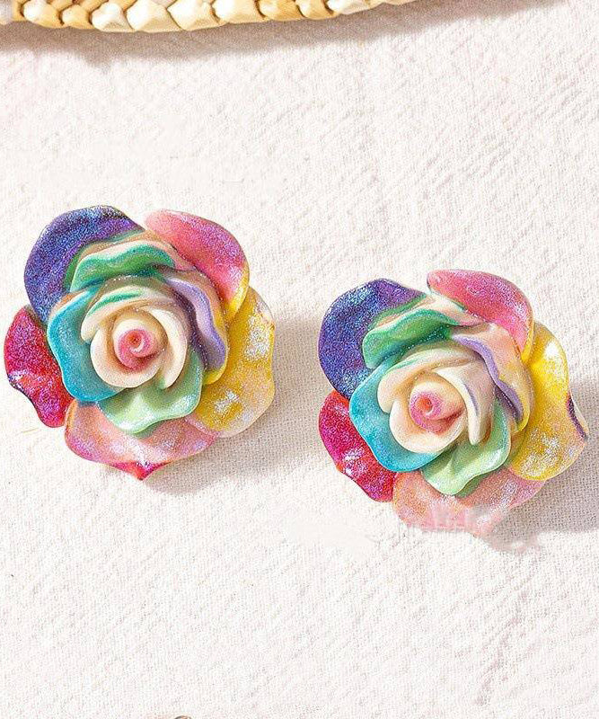 Magnifiques boucles d'oreilles à tige en résine et alliage arc-en-ciel en forme de rose - Urbann-Vibe