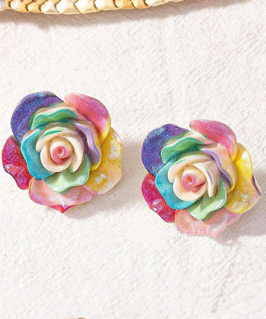 Magnifiques boucles d'oreilles à tige en résine et alliage arc-en-ciel en forme de rose - Urbann-Vibe