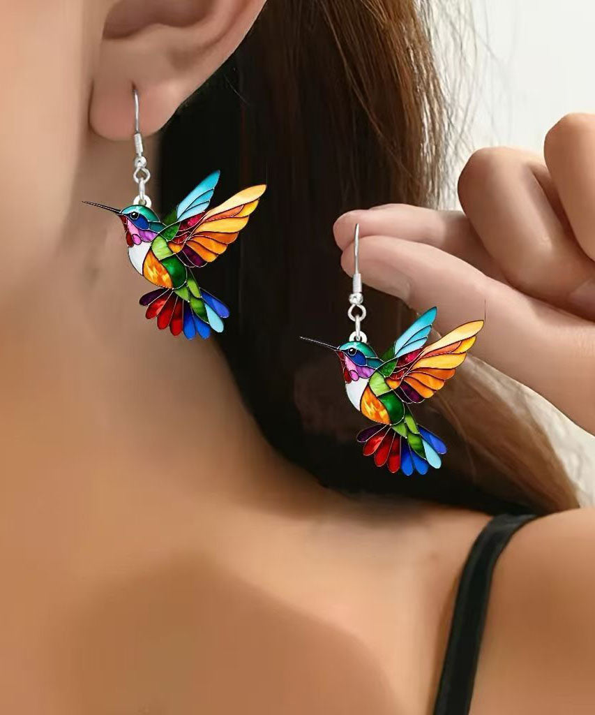 Magnifiques boucles d'oreilles pendantes en argent sterling et acrylique, motif oiseau arc-en-ciel - Urbann-Vibe