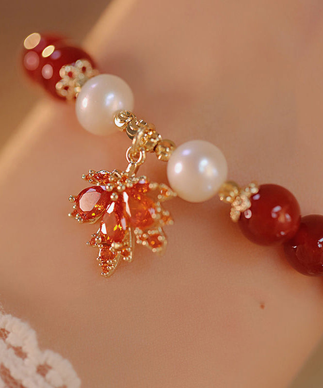 Magnifique bracelet à breloques en argent sterling rouge avec agate dorée et feuille d'érable - Urbann-Vibe