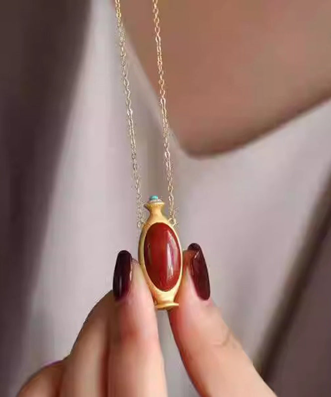 Magnifique collier avec pendentif en agate rouge surdoré en argent sterling - Urbann-Vibe