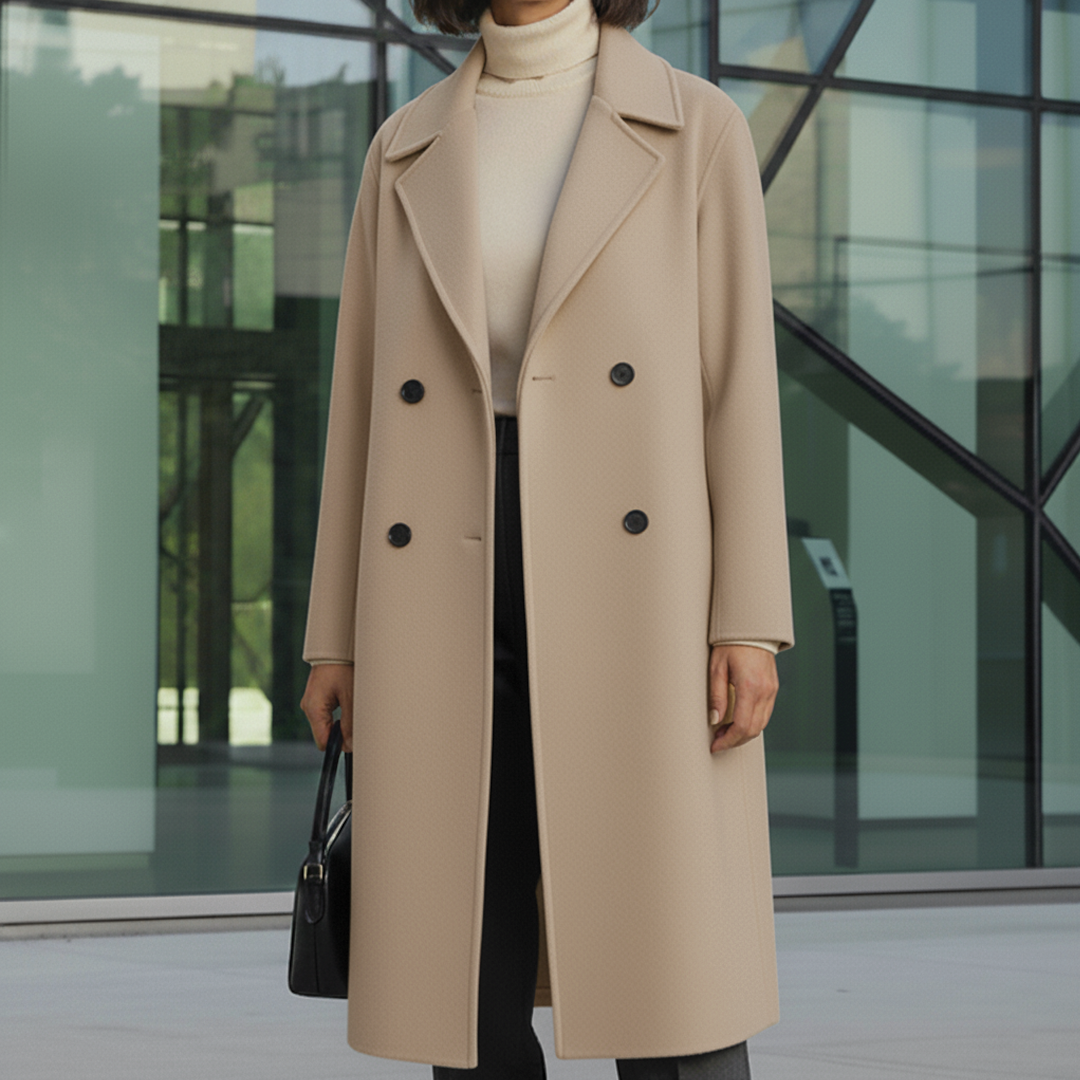 Women's elegant double-breasted knee-length trench coat with bold lapels, ideal for fall layering