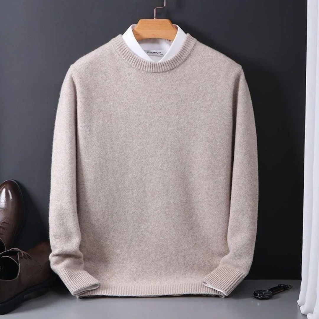 Men's ivory 100% cashmere crew neck sweater regular fit ultra-soft lightweight Thierry style
