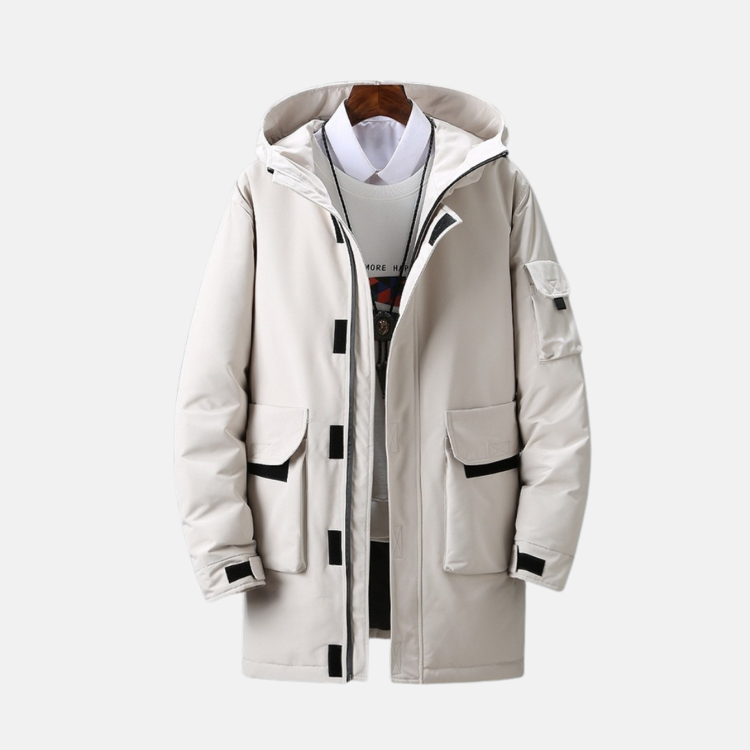 Men's hooded winter coat mid-thigh length durable woven polyester clean contemporary silhouette