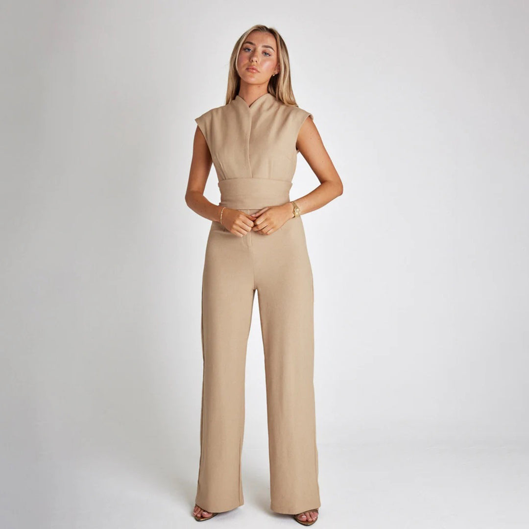 Women's sleeveless wide-leg jumpsuit with adjustable tie waistband for elegant work and weekend wear