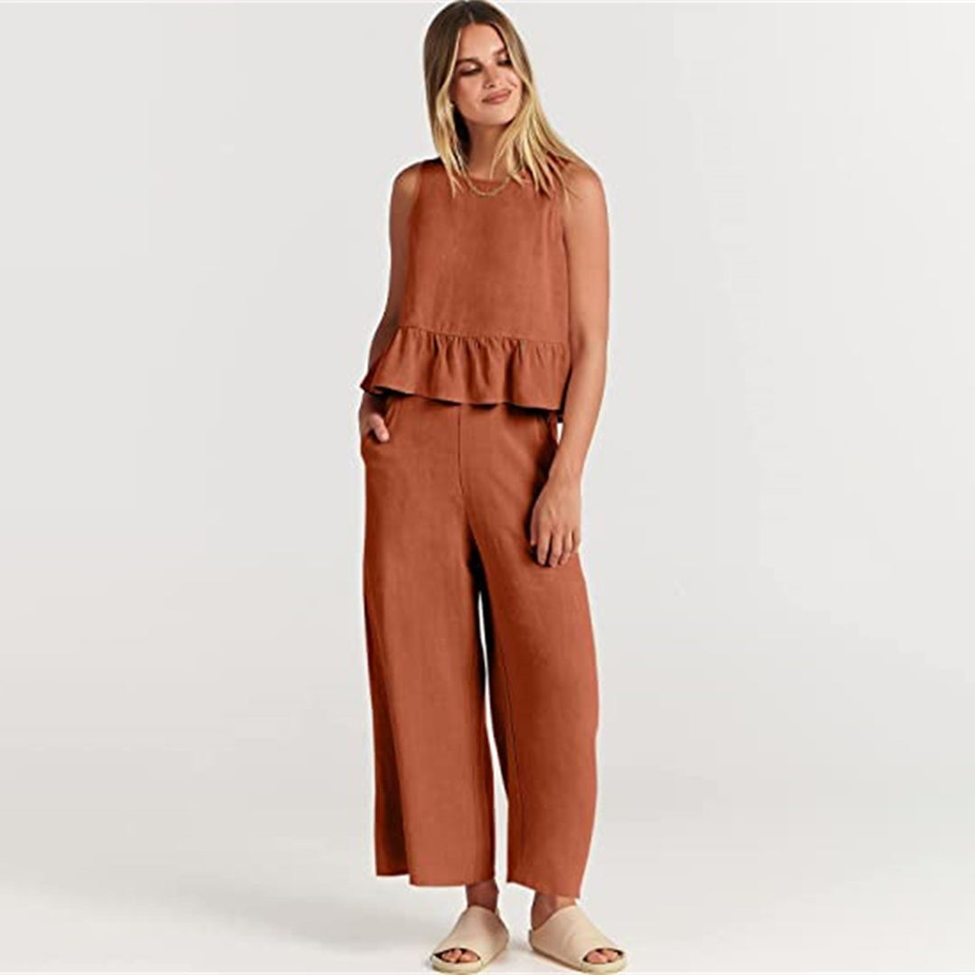 Women's two-piece summer set cropped top wide-leg pants bold vibrant colors breezy lightweight polyester