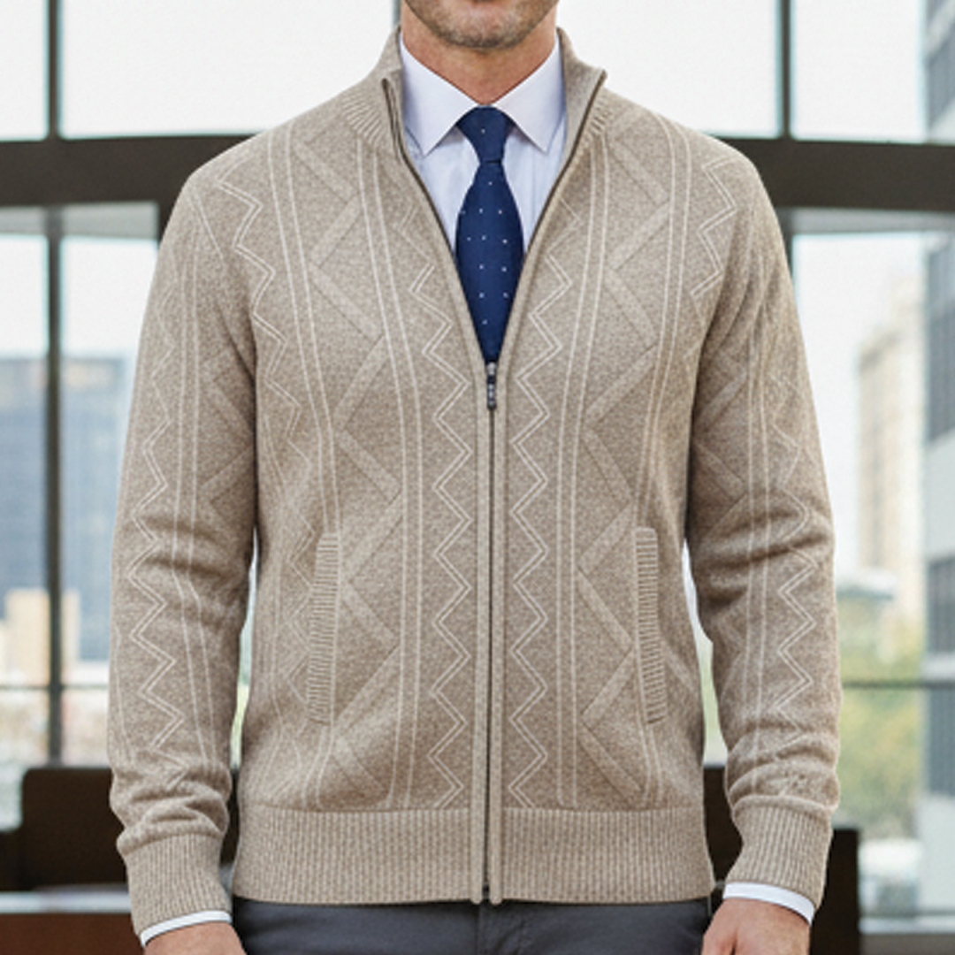 Men's gray zip-up business cardigan tailored fit with breathable fabric for office layering