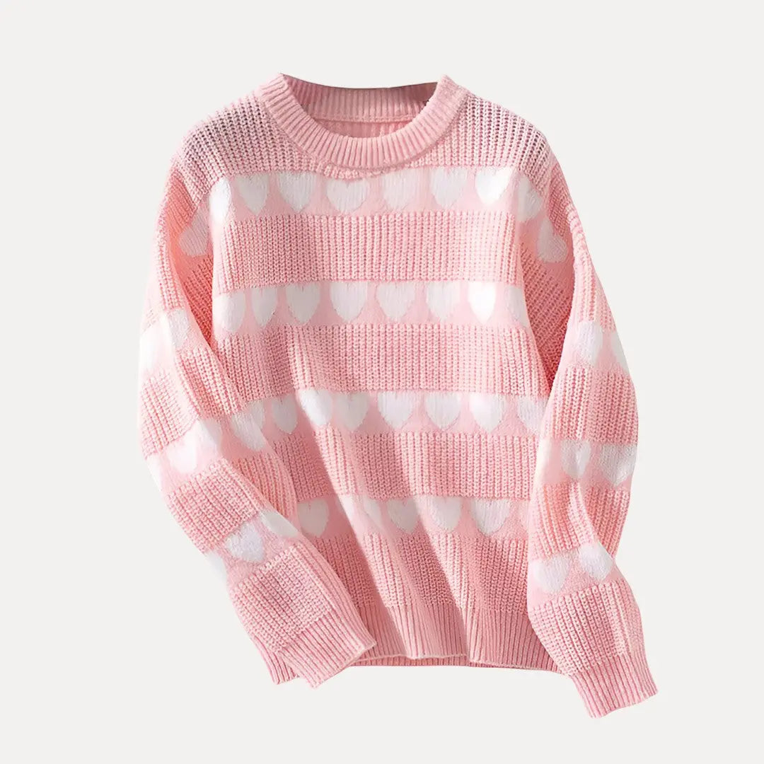 Women's cozy soft knit sweater with heart motif design, layerable cold weather fashion in feminine style