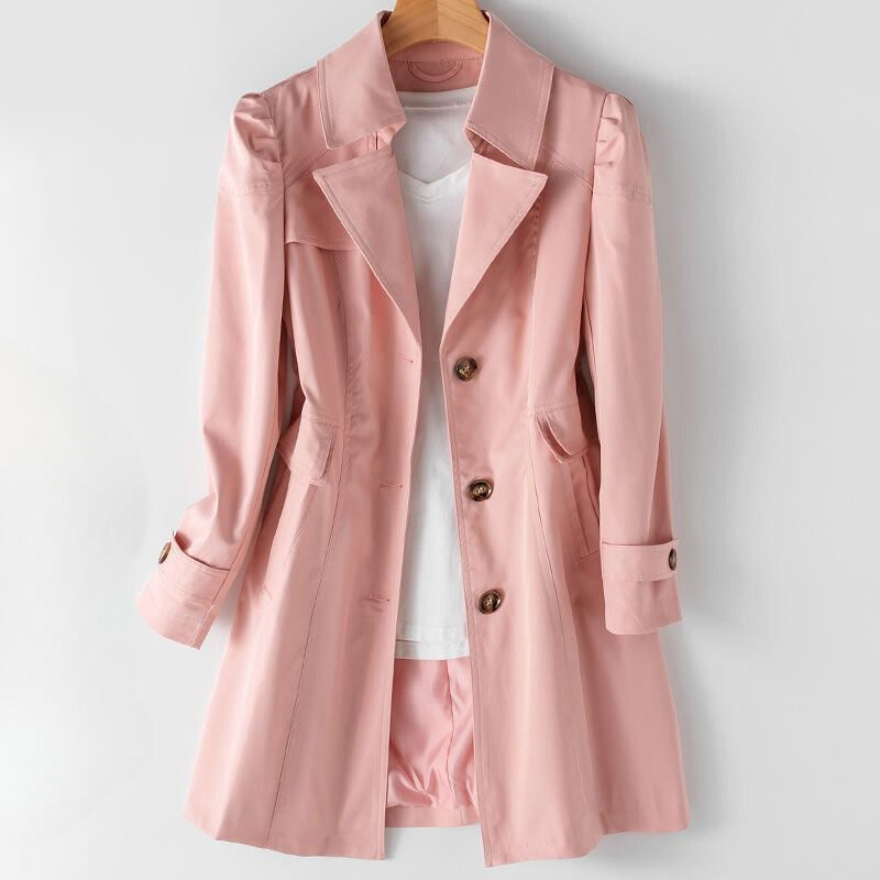 Sofia Amoretti Bella Vita women's beige trench coat premium cotton-poly blend sleek silhouette