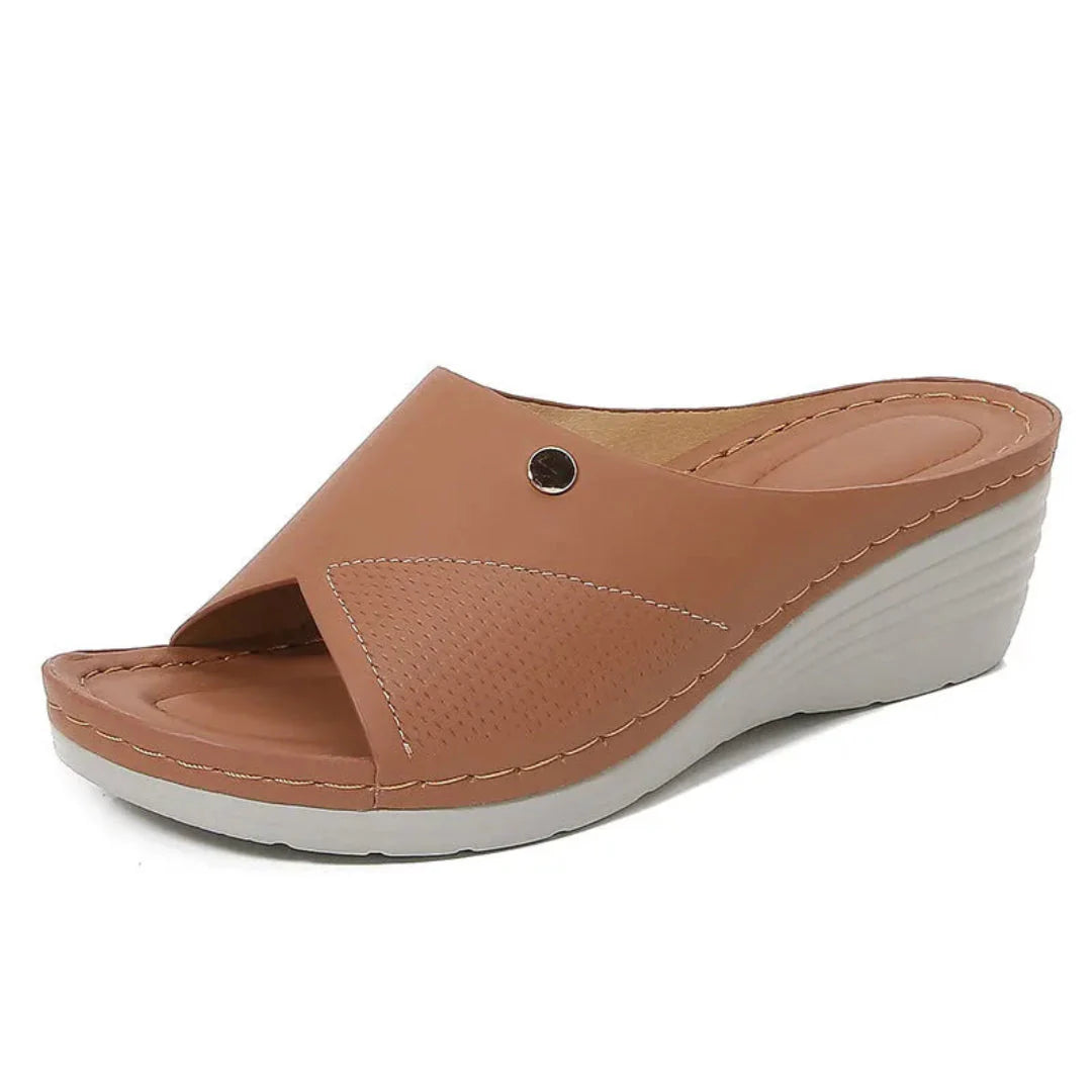 Women's beige PU leather open-toe wedge sandals with breathable perforations slip-on style