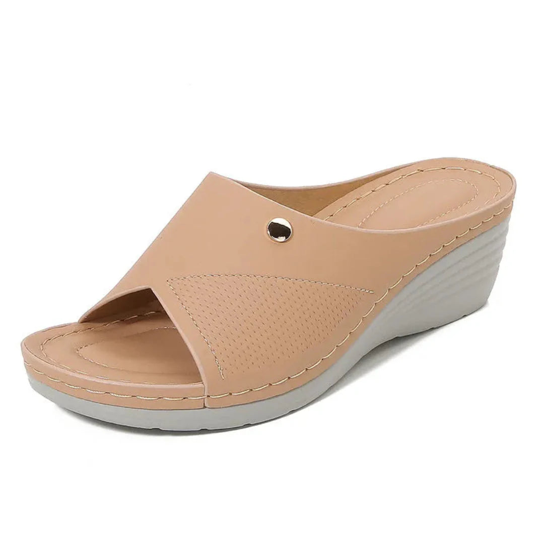 Women's open-toe wedge slip-on sandals in neutral PU leather with breathable perforations