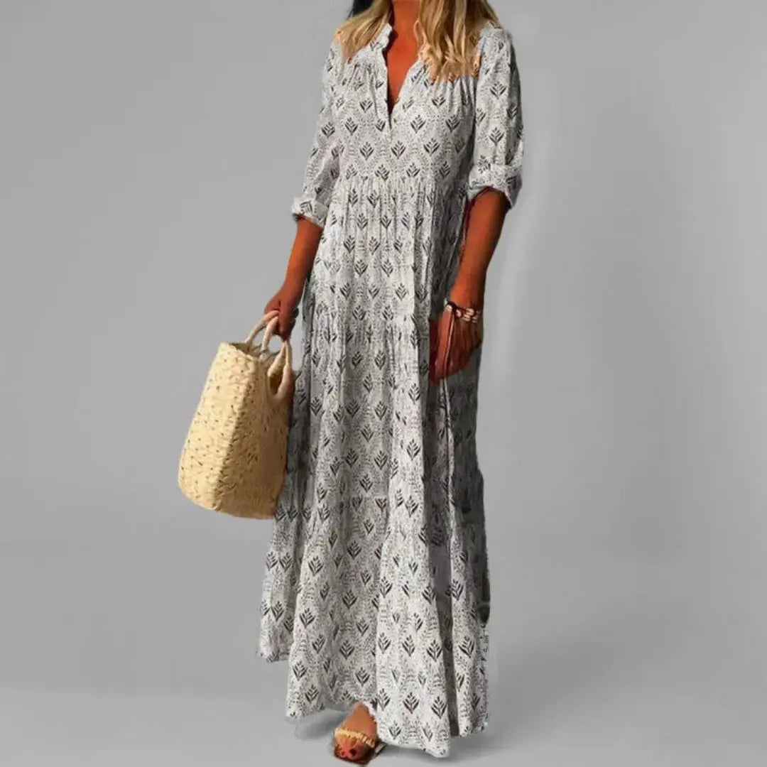 Vintage print maxi dress women soft V-neck stand collar button-front relaxed A-line floral silhouette