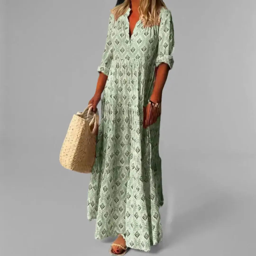 Vintage print maxi dress women soft V-neck stand collar button-front relaxed A-line silhouette