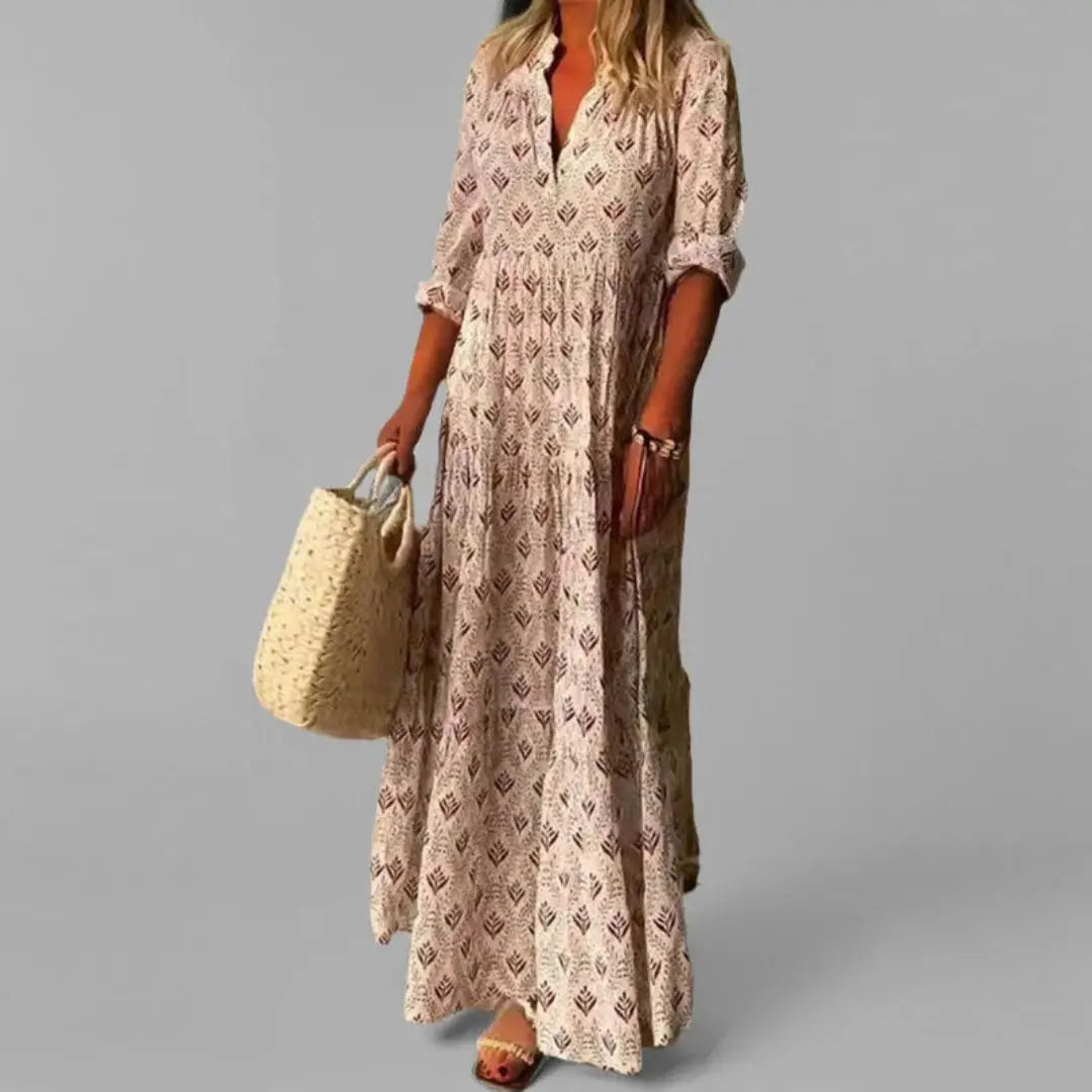 Vintage print maxi dress women soft V-neck button-front relaxed A-line silhouette stand collar