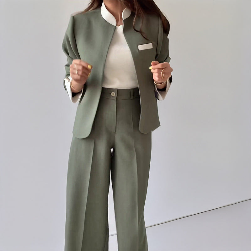 Women's relaxed fit collarless blazer pleated trousers set elegant business casual two-piece suit