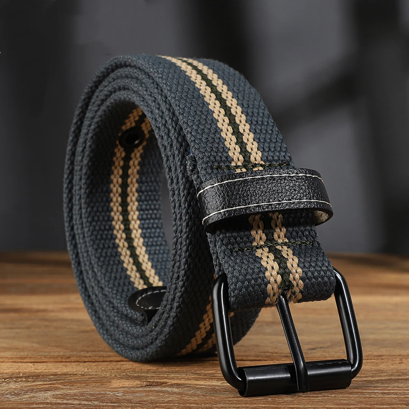 Santiago rugged canvas belt military-inspired double ring buckle adjustable fit with leather accents