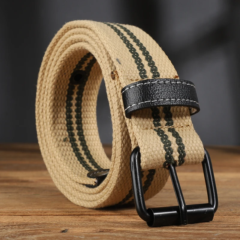 Santiago rugged olive canvas military belt with double-ring buckle and leather accents, adjustable fit