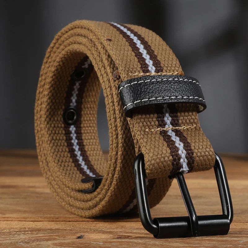 Santiago rugged military canvas belt khaki adjustable double ring buckle with leather accents outdoor style
