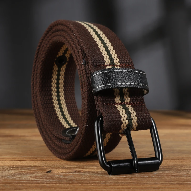 Santiago rugged military-inspired canvas belt with double ring buckle, adjustable fit and leather accents