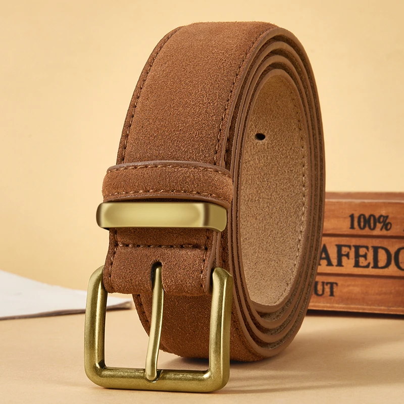Men's brown suede leather belt genuine cowhide with brushed brass buckle classic refined style