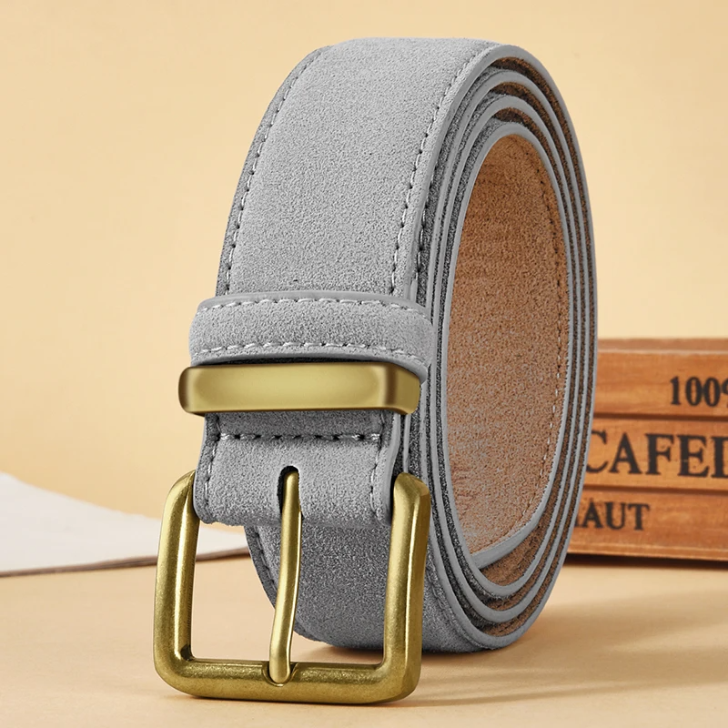 Men's brown suede leather belt genuine cowhide with brushed brass buckle classic refined style