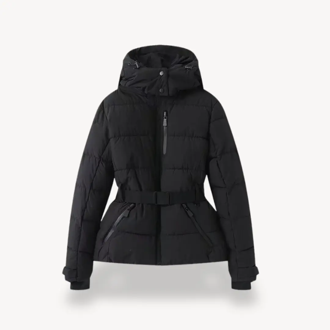 Women's black belted puffer jacket, water-resistant insulation, adjustable waist belt, chic slim fit