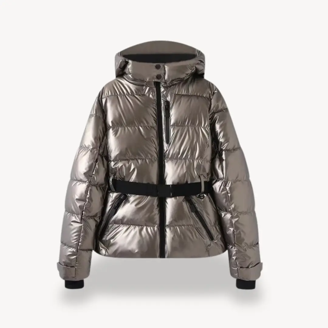 Women's black belted puffer jacket, water-resistant with adjustable waist belt and detachable hood