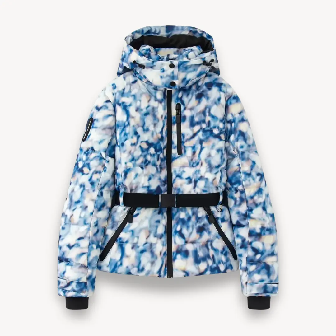 Women's black belted puffer jacket, water-resistant with adjustable waist belt and detachable hood