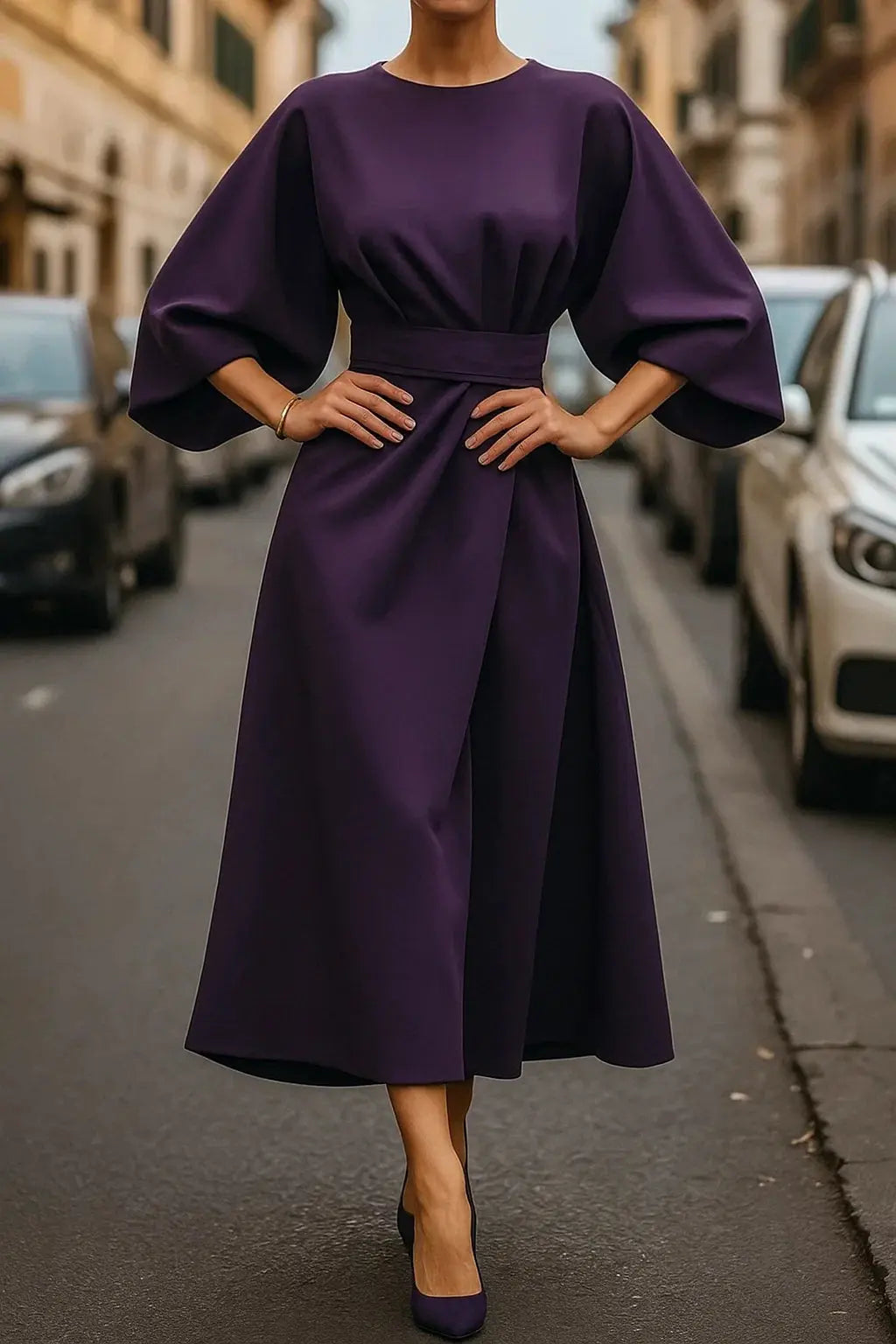 Women's belted maxi dress floor-length flowing silhouette with adjustable waist-defining belt