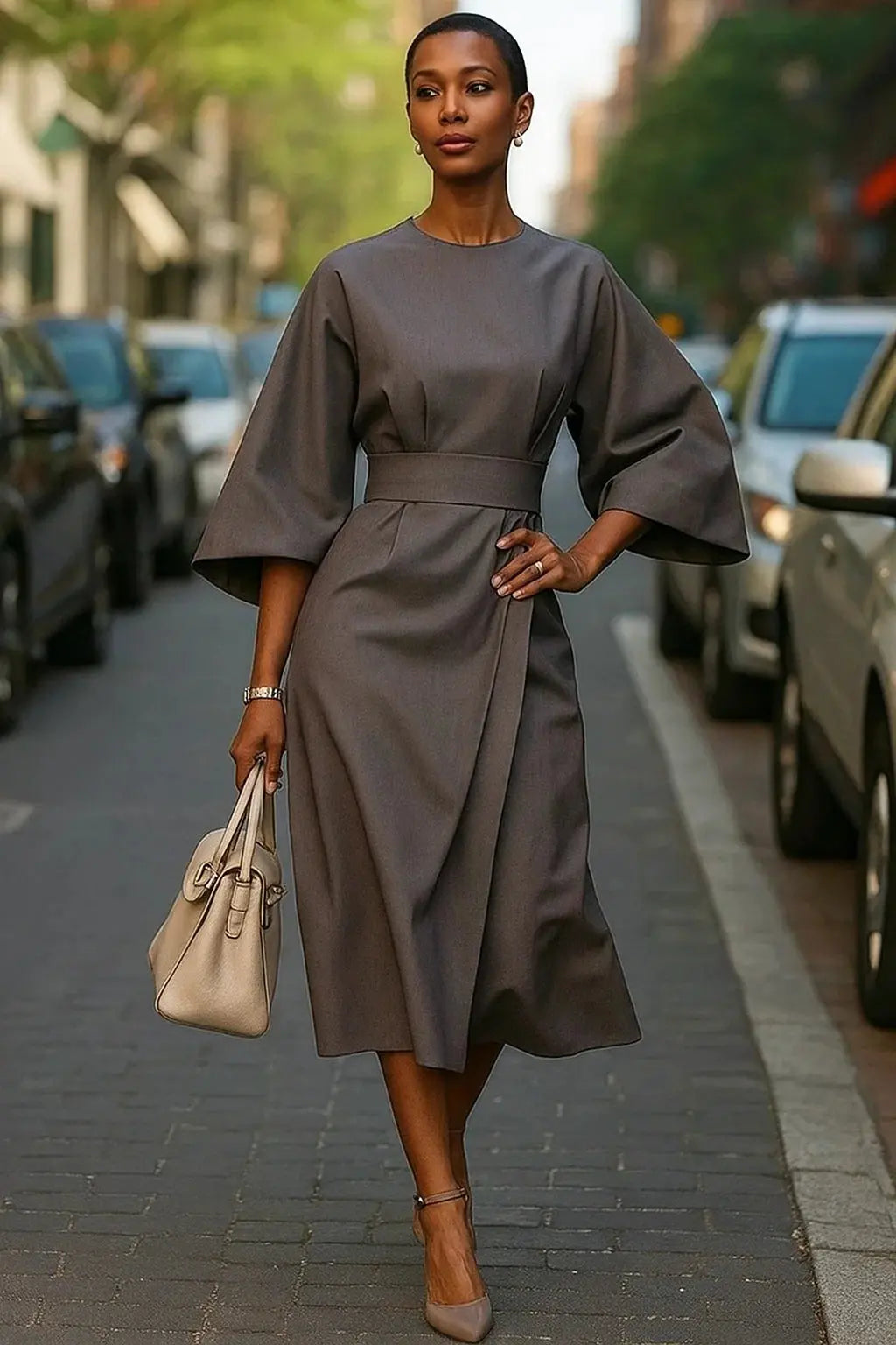 Women's belted maxi dress floor-length flowing silhouette with waist-defining adjustable belt