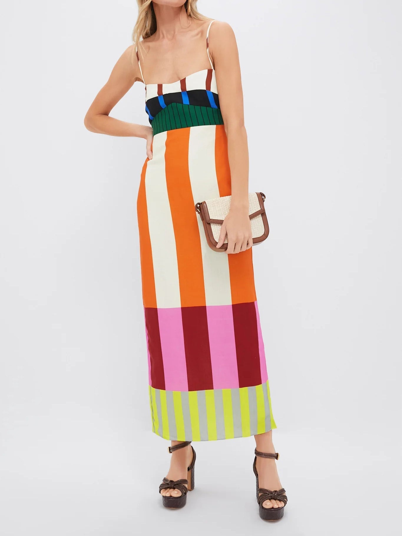 Vibrant color block maxi dress bold vertical stripes empire waist adjustable straps summer style