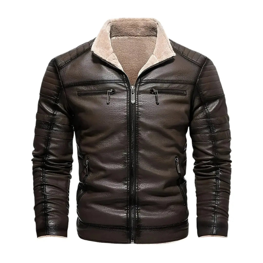 Men's brown rugged sherpa-lined leather jacket with cozy insulated interior for cold weather