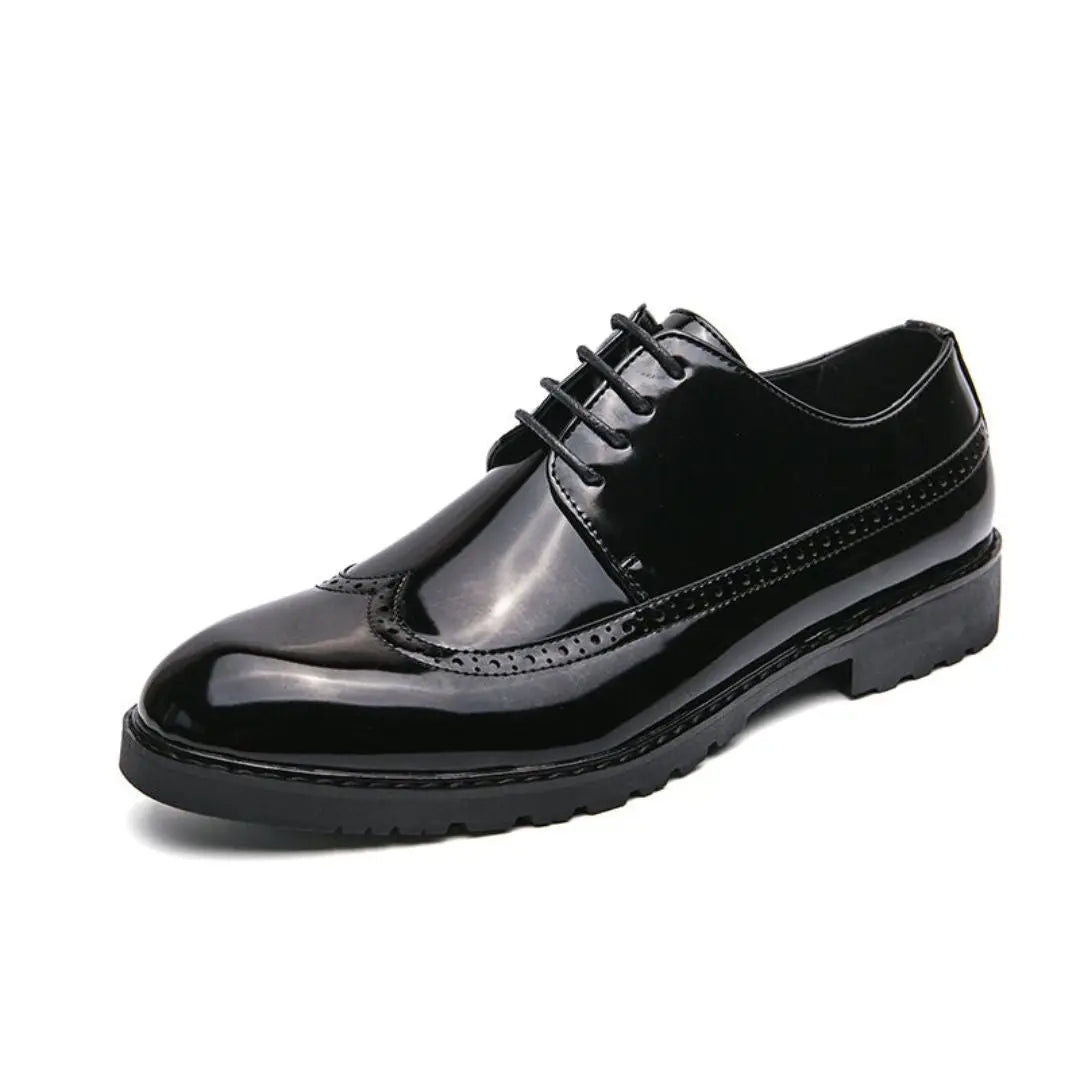 Men's black premium leather derby shoes high-shine lace-up formal style rubber sole