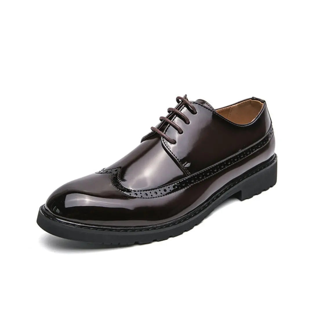 Men's black premium leather derby shoes high-shine lace-up formal style rubber sole