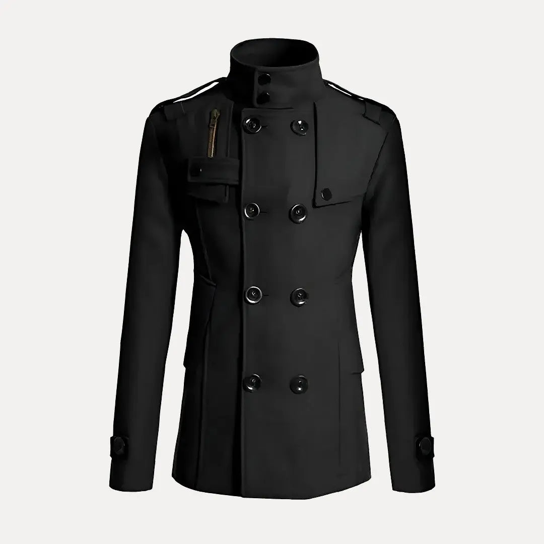 Bennett men's dark wool overcoat double-breasted high collar classic professional silhouette