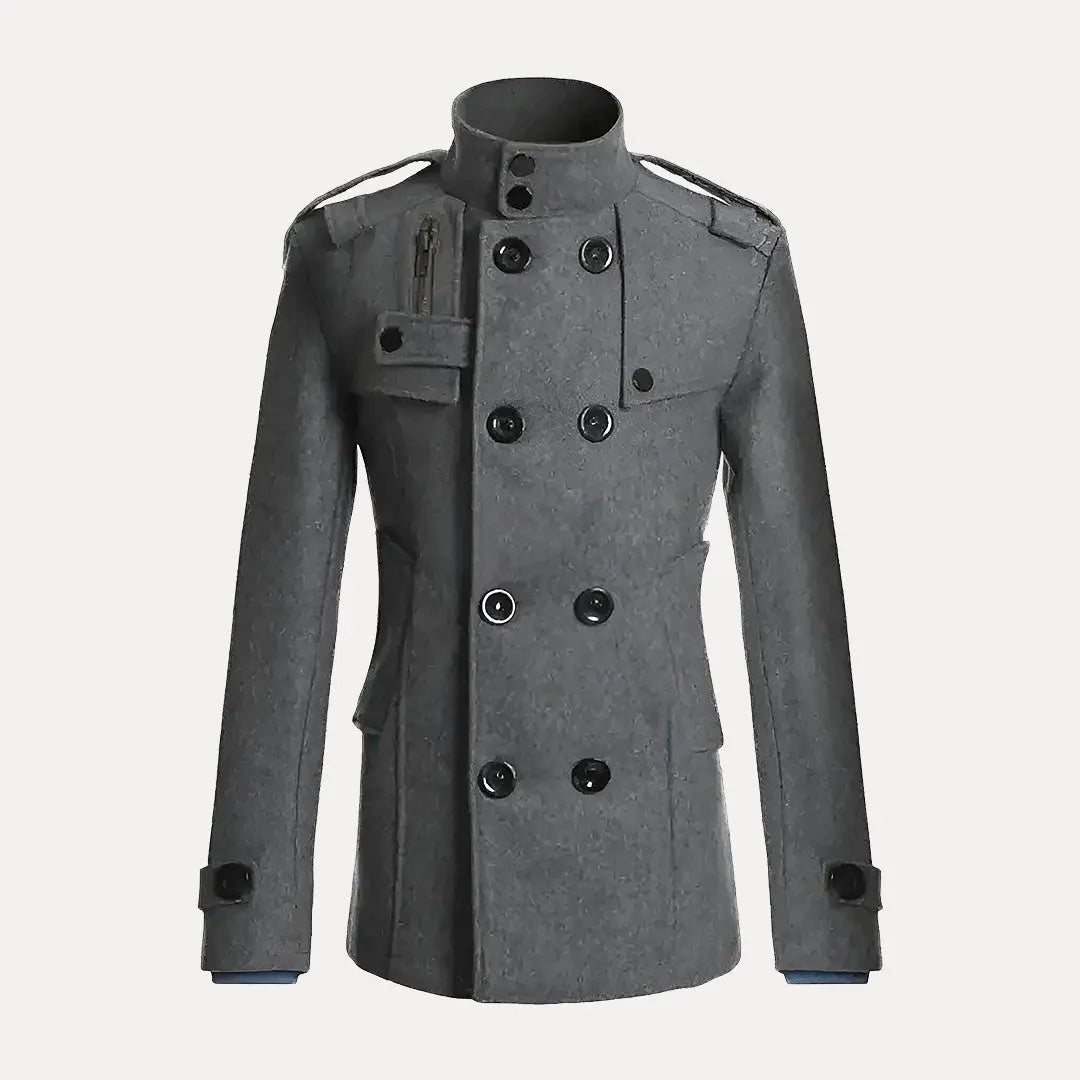 Bennett men navy wool overcoat double-breasted high-collar professional classic style