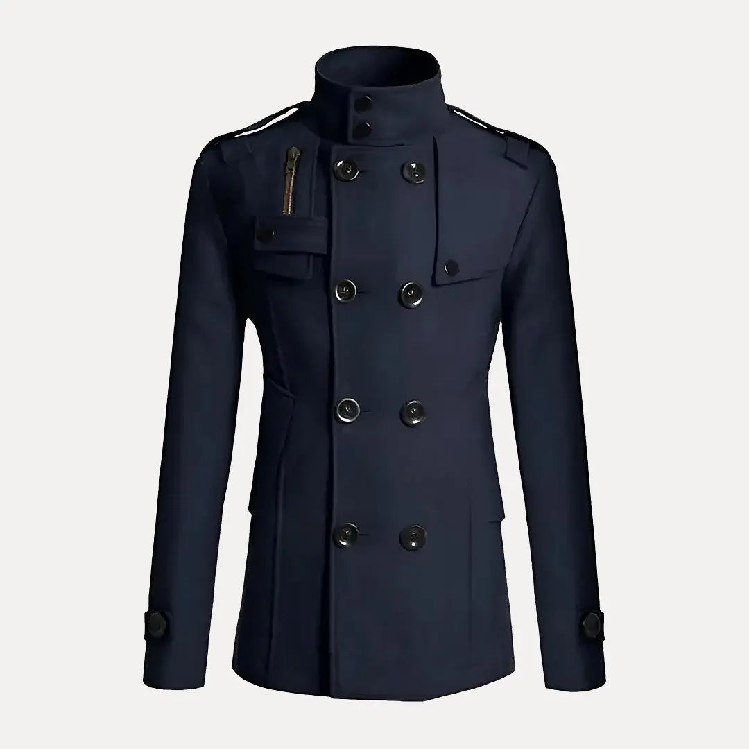 Bennett men navy double-breasted wool overcoat high-collar structured professional classic silhouette