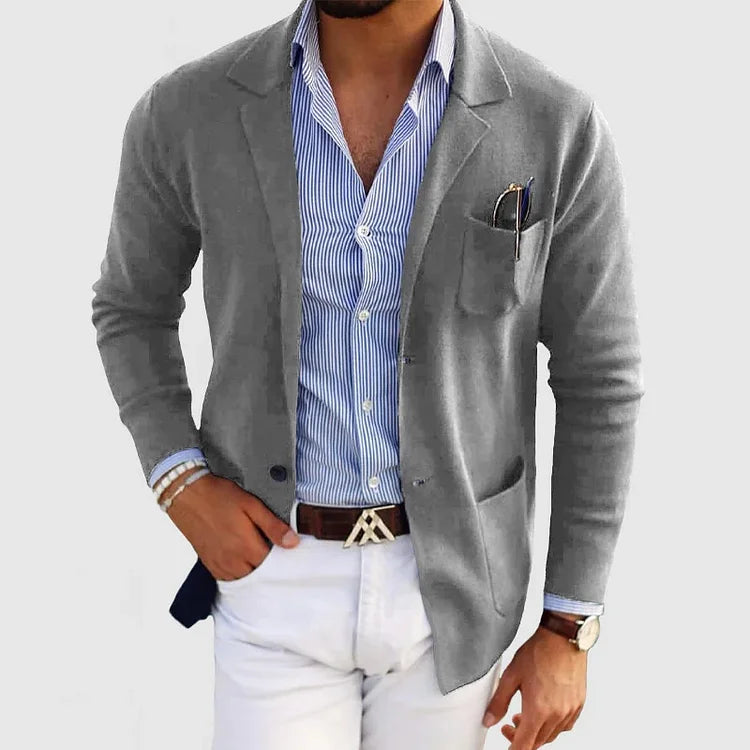 Men's relaxed-fit knit blazer with button closure, front pockets, smart casual textured silhouette