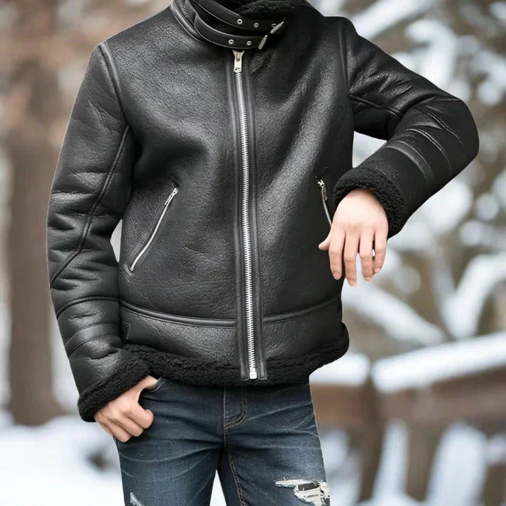 Black heavy lined leather winter jacket cold weather rugged classic silhouette durable warmth