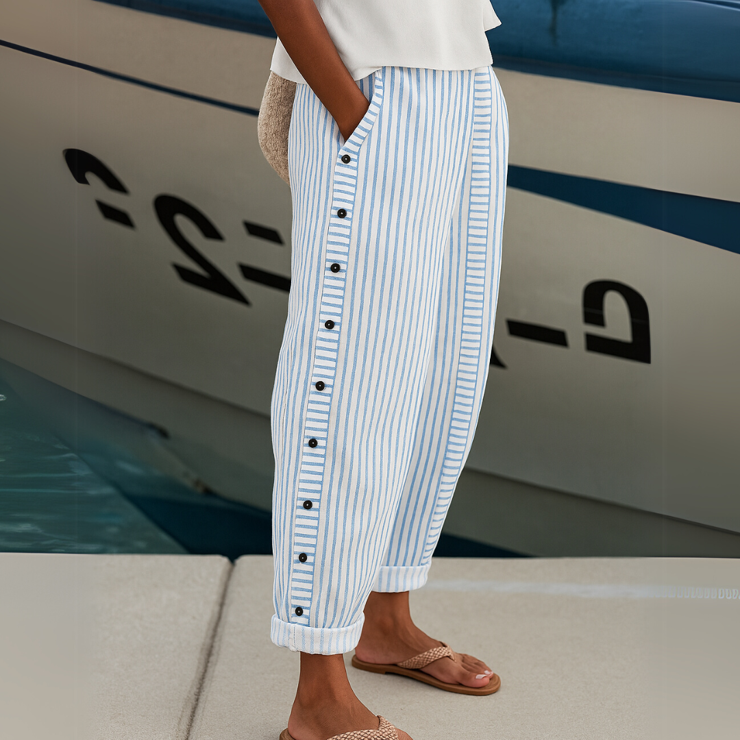 Women's lightweight breathable high-waist leisure pants in neutral tone, relaxed fit for everyday comfort