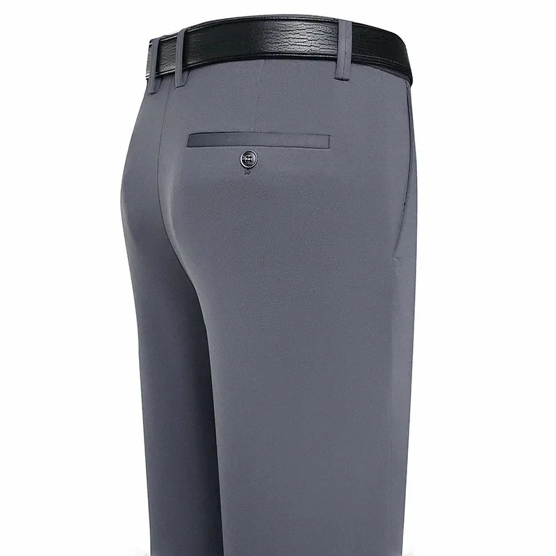 Men's slim-fit stretch suit trousers in classic neutral, breathable fabric for all-day comfort
