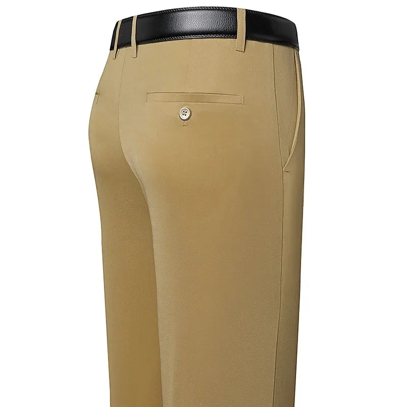 Men's slim-fit stretch suit trousers in classic neutral, breathable fabric for business and casual wear
