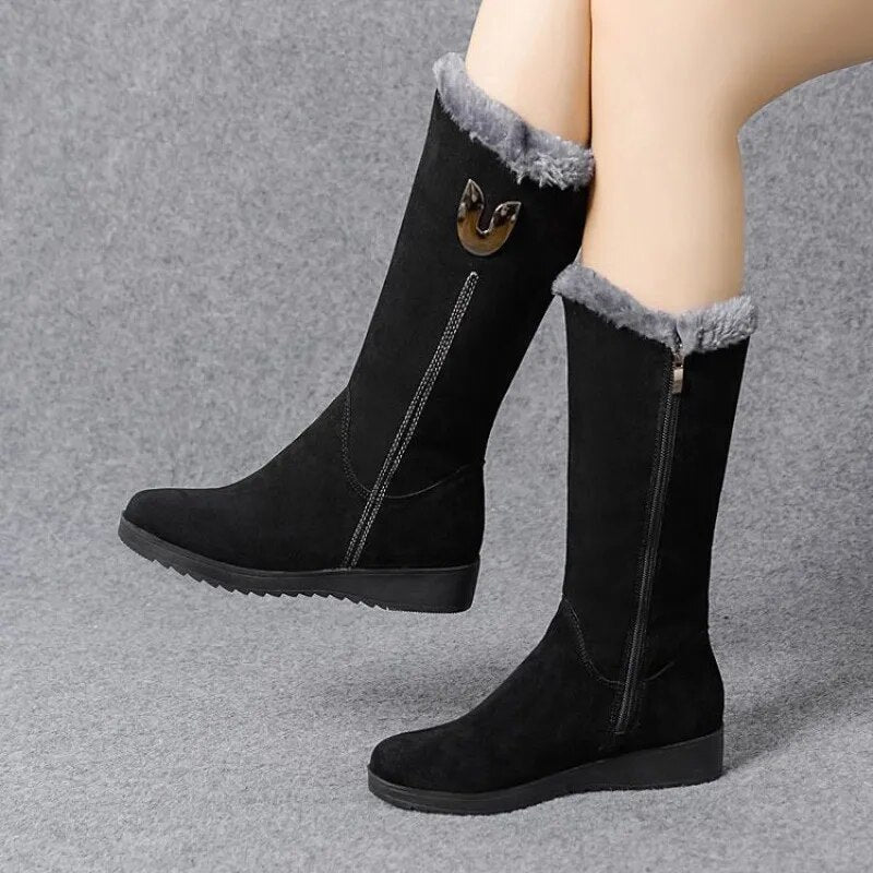 Unisex brown suede winter boots with cozy fur trim collar, slip-on style for cold weather comfort