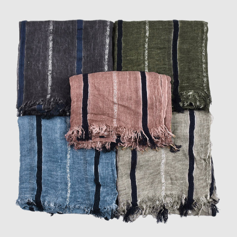 Bergamo women's striped scarf golden shimmering threads fringed edges chic viscose blend