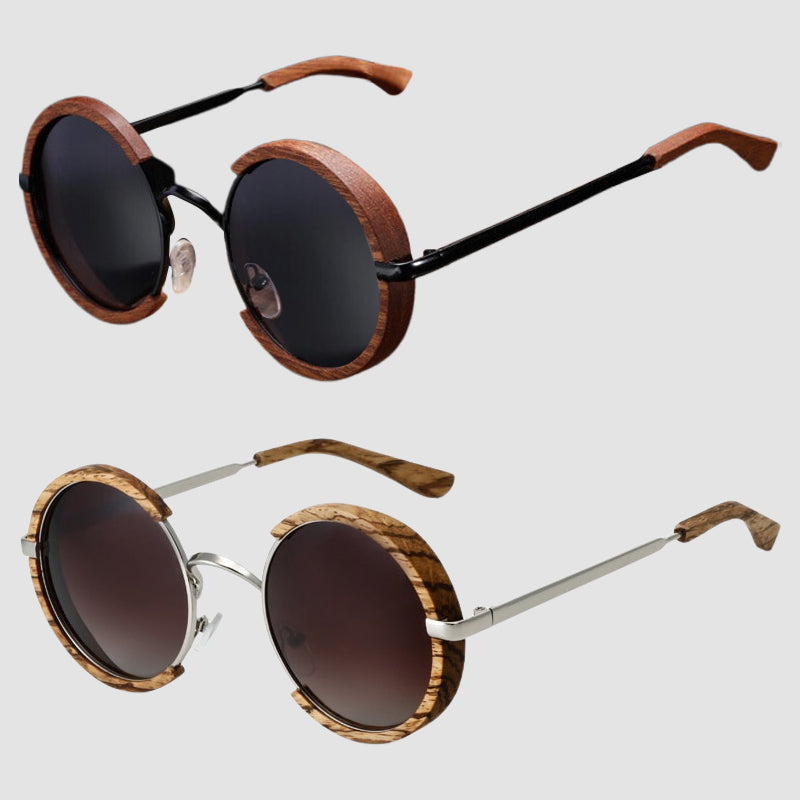 Bergen mahogany wooden sunglasses unisex vintage round style durable natural grain rim beach