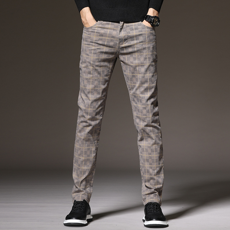 Slim fit plaid cotton blend trousers in autumn tones with heritage-inspired check pattern
