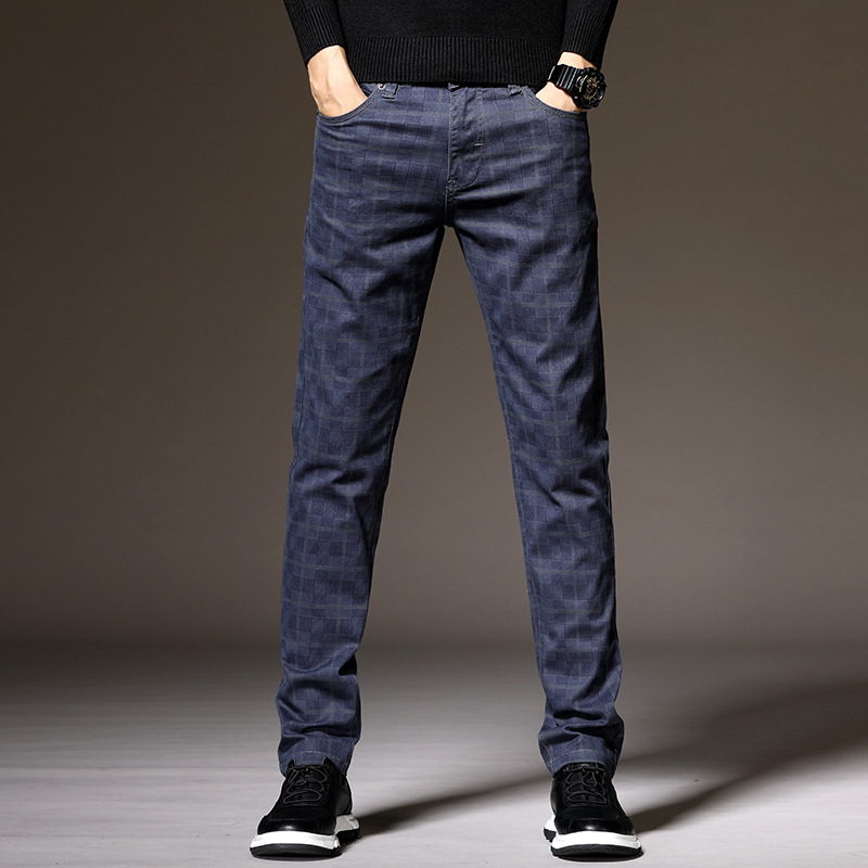 Slim fit plaid cotton blend trousers in autumn tones with heritage check pattern for professionals